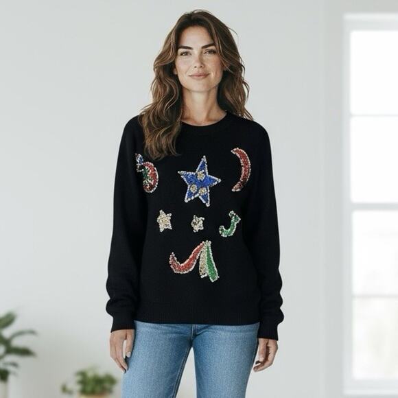 Work In Progress Christmas Sweater Silk Angora Sequins Knit Pullover Size Medium - Picture 1 of 10